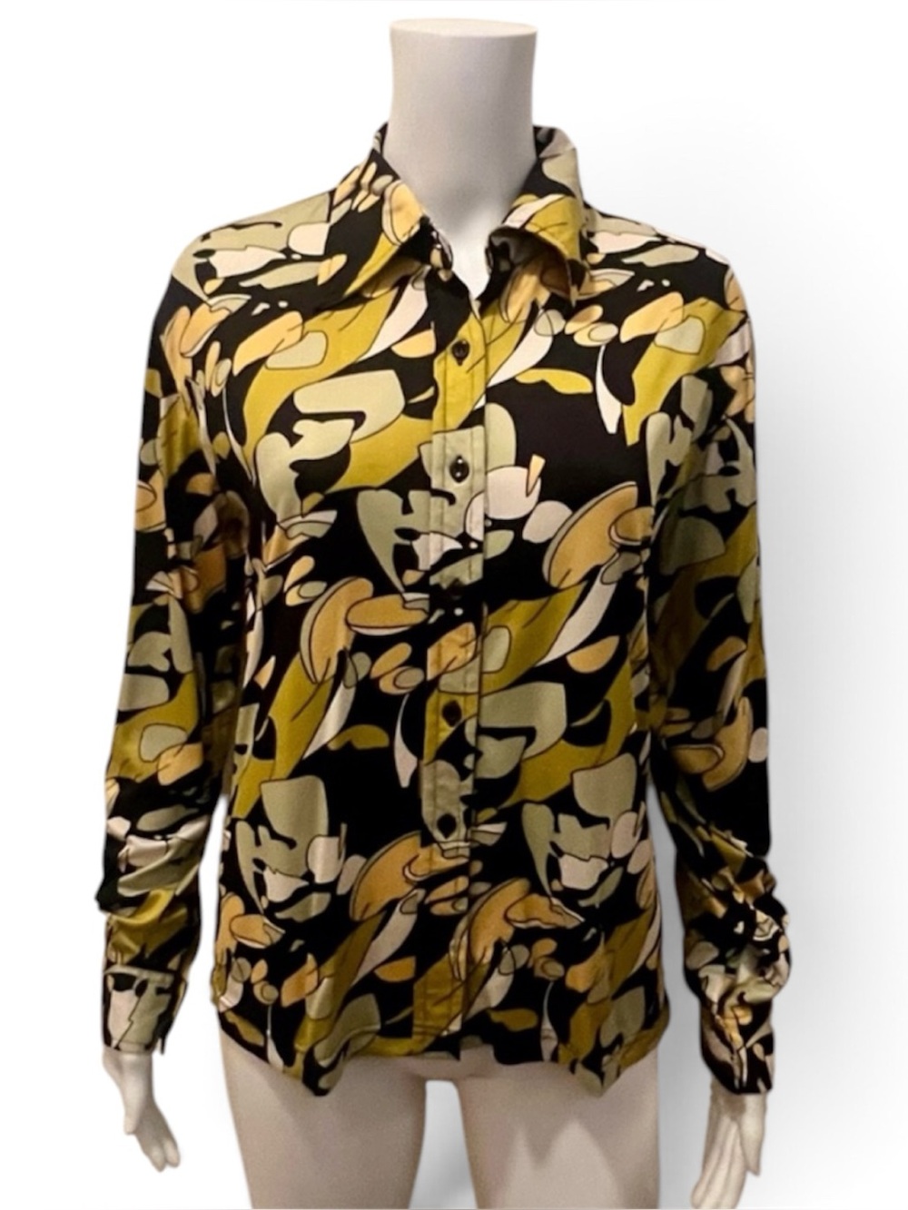 Vintage Women's Button-Down Shirt in Geometric Black, Green, Yellow and White LG